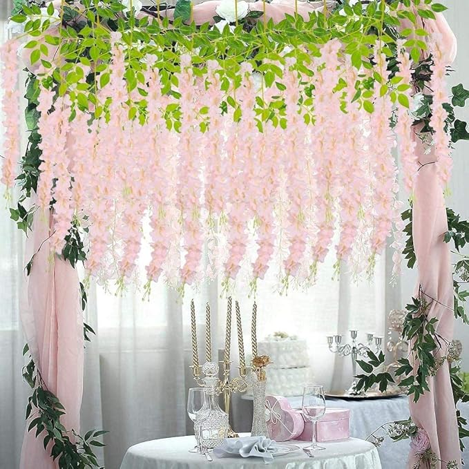 Tia Crafts polyester Artificial Hanging Flowers for Ceiling Balcony|Baby Pink Wisteria Vine|Home Party Decor Garden Outdoor Greenery Wall Decoration|Waterproof Washable - 3.7ft Pack of 6 (Baby Pink,6)