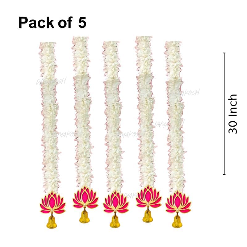 Lotus Hanging W/ White Artificial Flowers 5 Strings|Floral Wall Hangings For Home Decoration,Diwali & All Festival Decoration|Handmade Wall Decoration Lotus W/ Bell Style|5 Ft Each-152.4 Cm