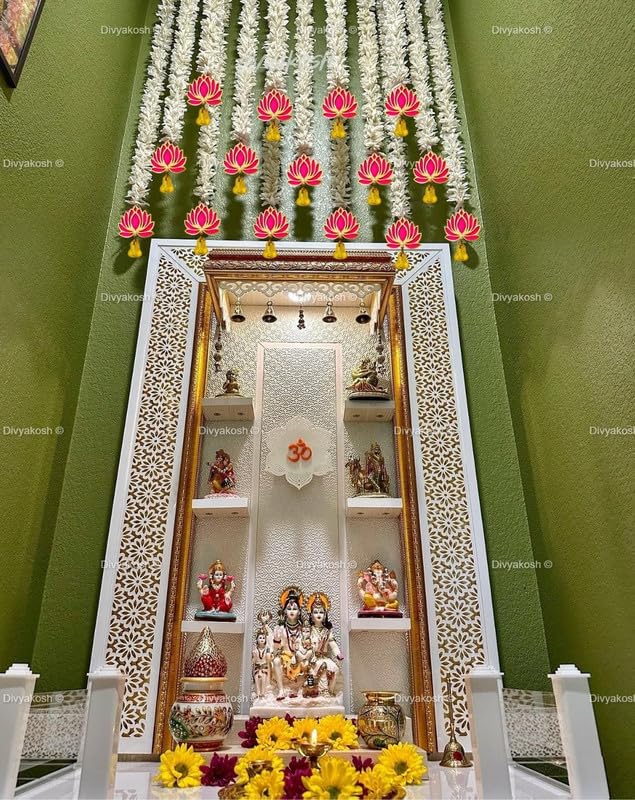 Lotus Hanging W/ White Artificial Flowers 5 Strings|Floral Wall Hangings For Home Decoration,Diwali & All Festival Decoration|Handmade Wall Decoration Lotus W/ Bell Style|5 Ft Each-152.4 Cm