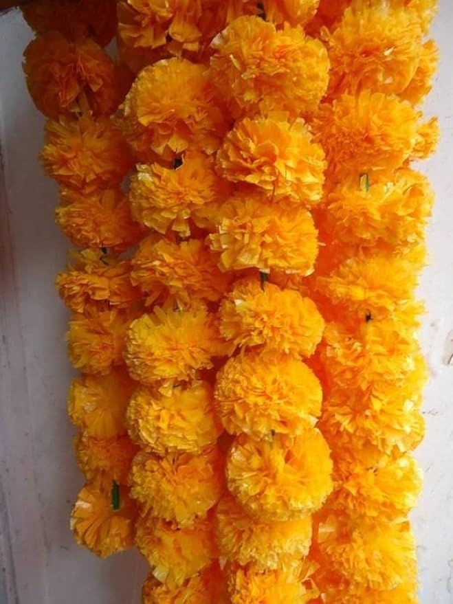 10 Pcs Indian Handmade Artificial Marigold Garland Flowers for Decoration Long for Door Decoration Toran Genda Phool for Wedding/Festivals|4.5-4.9Ft| 5 Strings