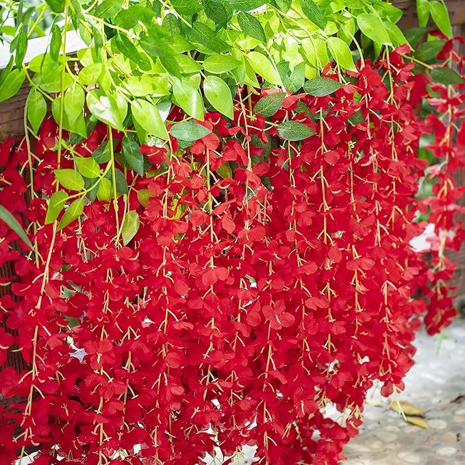 Polyester Artificial Hanging Flowers For Ceiling Balcony|Wisteria Vine|Home Party Decor Garden Outdoor Greenery Office Wall Decoration|Waterproof Washable-3.7Ft/45 Inch(red,6)