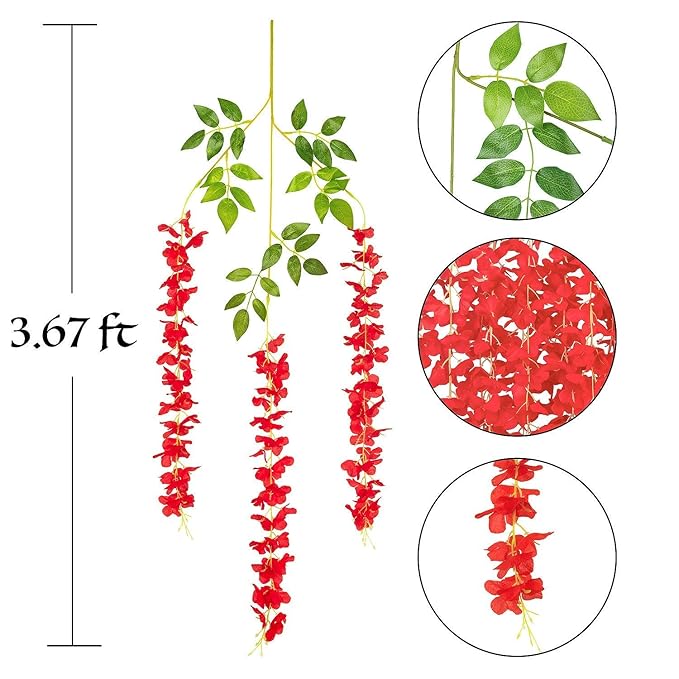 Polyester Artificial Hanging Flowers For Ceiling Balcony|Wisteria Vine|Home Party Decor Garden Outdoor Greenery Office Wall Decoration|Waterproof Washable-3.7Ft/45 Inch(red,6)
