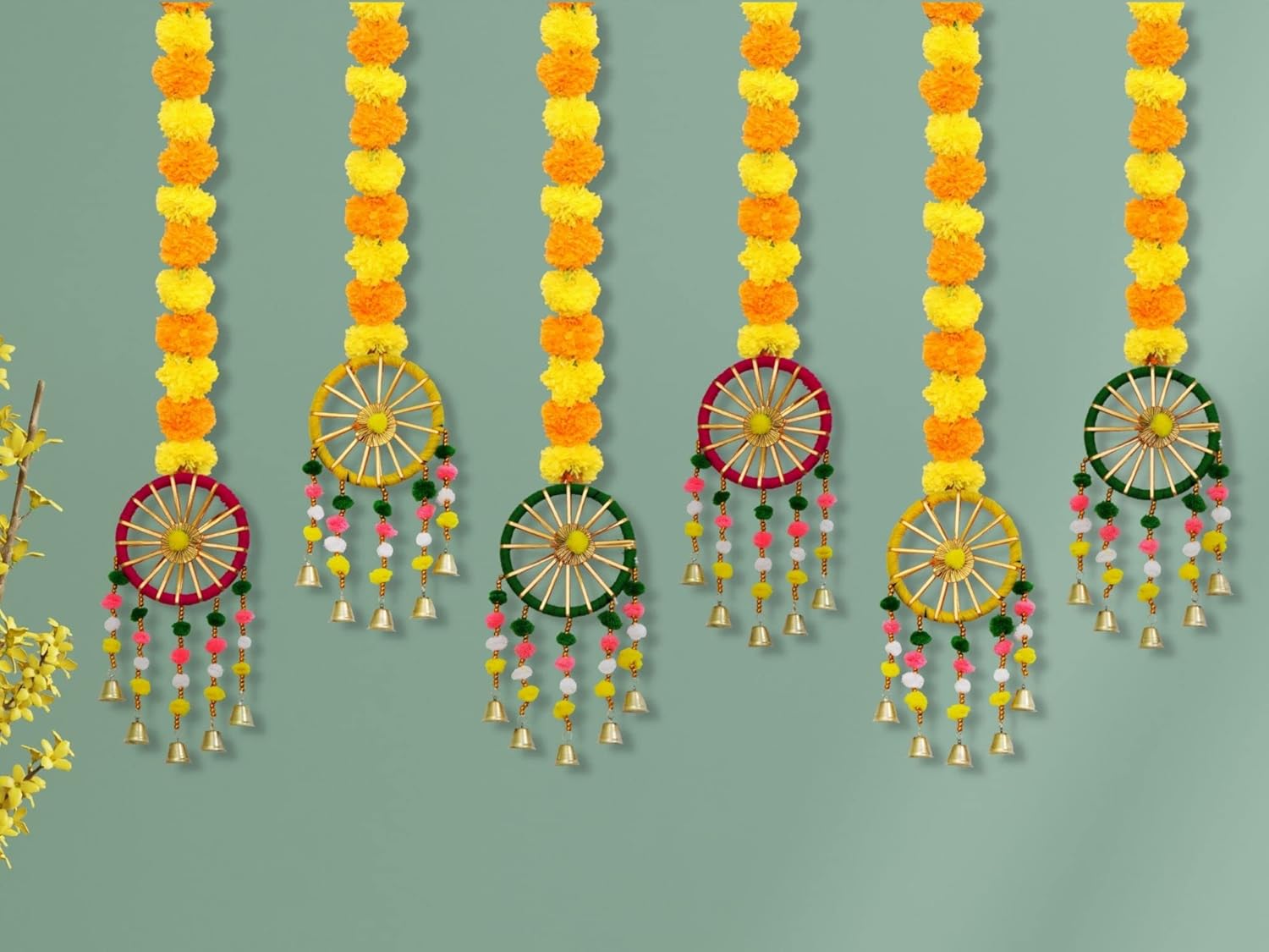 Handmade Artificial Marigold Fluffy Flowers with Ring Bell Hanging Latkan Toran for Home | Festival | Wedding | Temple Pooja Room Decoration