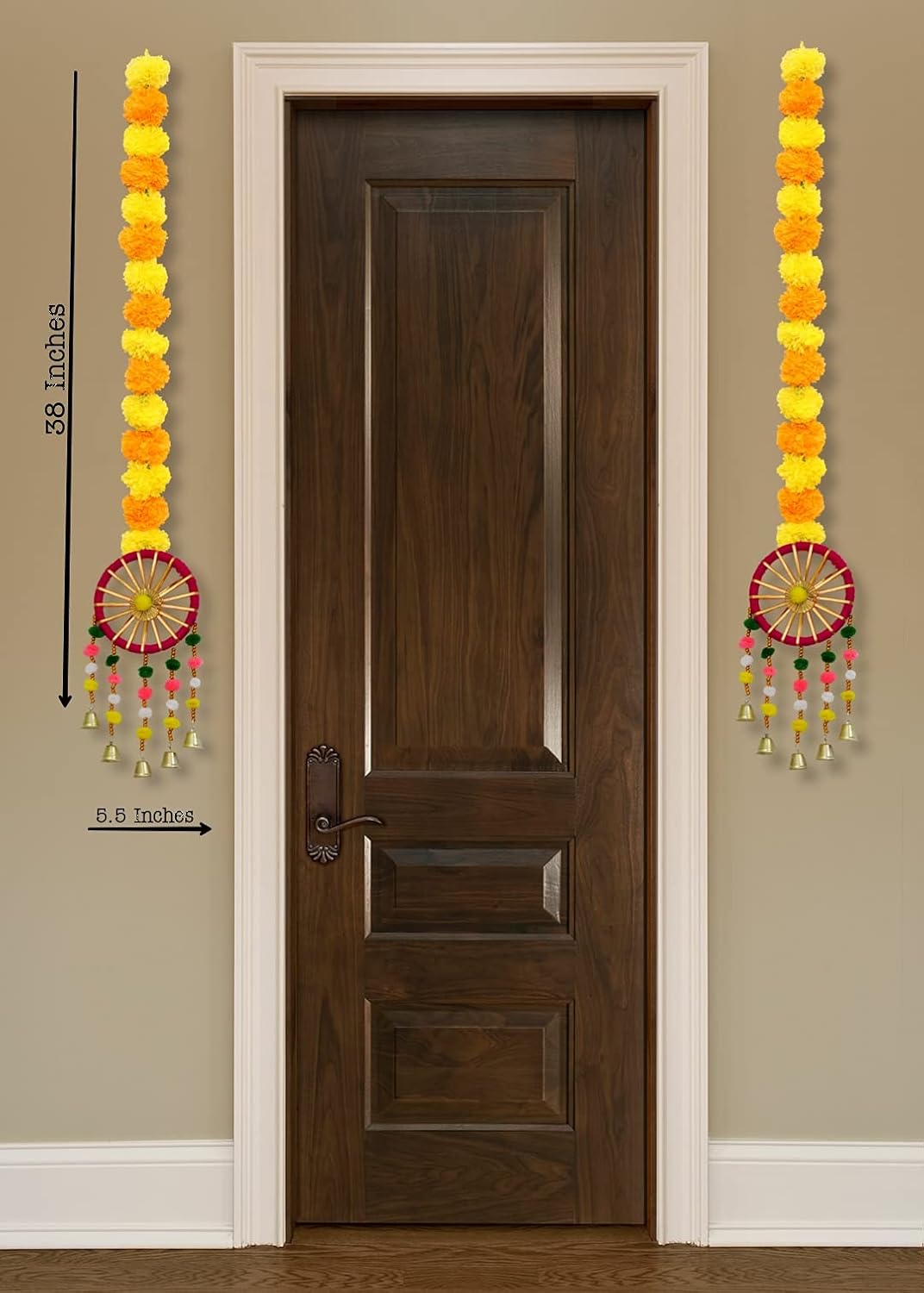 Handmade Artificial Marigold Fluffy Flowers with Ring Bell Hanging Latkan Toran for Home | Festival | Wedding | Temple Pooja Room Decoration