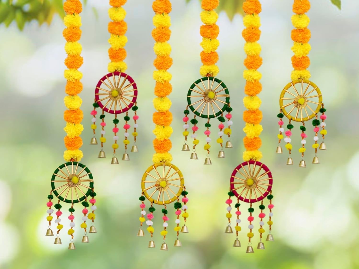Handmade Artificial Marigold Fluffy Flowers with Ring Bell Hanging Latkan Toran for Home | Festival | Wedding | Temple Pooja Room Decoration