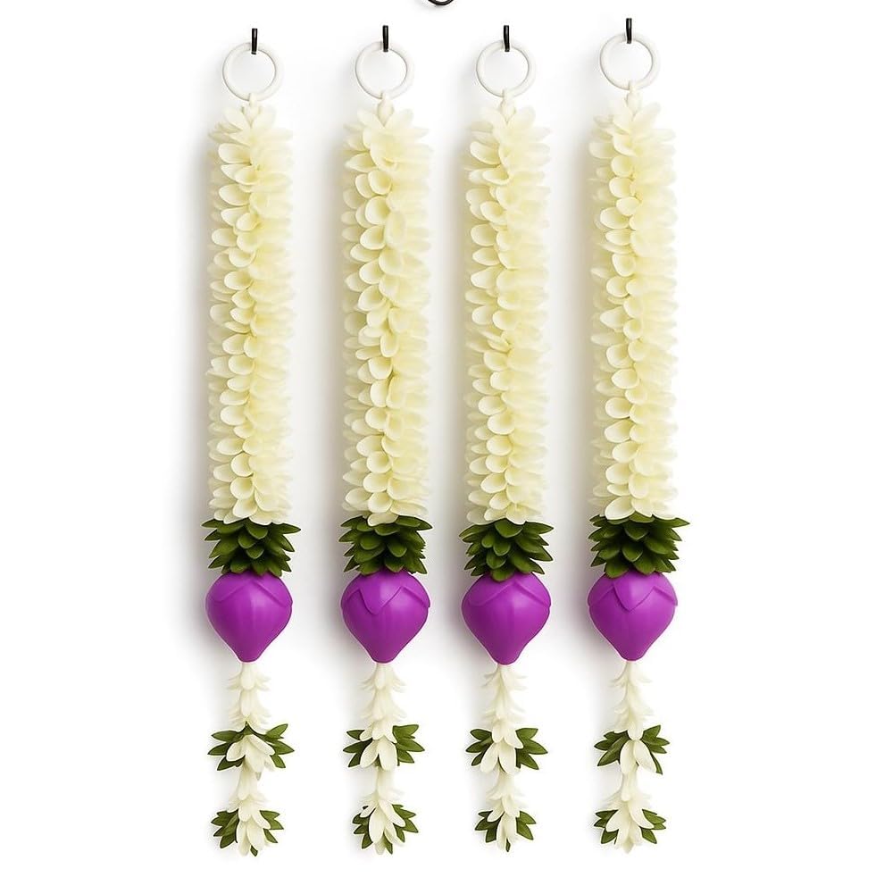 Handmade Artificial Jasmine Gajra toran Marigold Garland Rajnigandha Tassels with Bells Traditional Decor for Diwali/Wedding/Festivals (27 Inch Gajra) set of 5