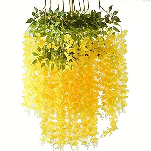 Polyester Artificial Hanging Flowers For Ceiling Balcony|Wisteria Vine|Home Party Decor Garden Outdoor Greenery Office Wall Decoration|Waterproof Washable-3.7Ft/45 Inch(yellow,6)
