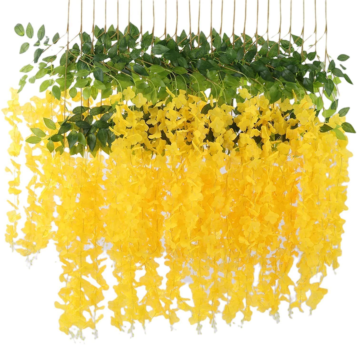 Polyester Artificial Hanging Flowers For Ceiling Balcony|Wisteria Vine|Home Party Decor Garden Outdoor Greenery Office Wall Decoration|Waterproof Washable-3.7Ft/45 Inch(yellow,6)